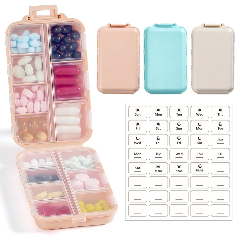 3 Pack 14 Grids Travel Pill Organizer Box with 415-Pcs Medicine Name Labels - Pocket Daily Pharmacy Case Container Kit - Travel Medication Holder Dispenser for Fish Oil Vitamin Supplement Storage