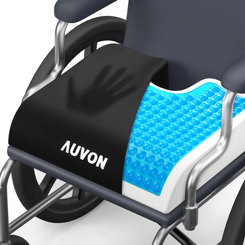 AUVON Gel Wheelchair Seat Cushion, Relieve Sciatica, Back, Coccyx, Pressure Sore and Ulcer Pain, Refreshing Ergonomic Chair Cushion with Waterproof Silk Fabric, Anti-Slip Cover