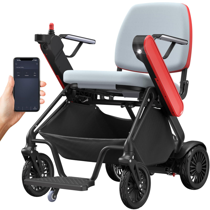 Goldseason Smart Foldable Electric Wheelchair for Adults–Auto Folding&APP Control, Portable Intelligent Motorized Wheelchair with Thickened Seat for Home/Outdoor/Shopping Use, Red(Ultra-Light 43lb)