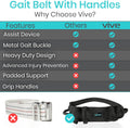 Vive Gait Belt (300lbs) Transfer Belt with Handles - Medical Nursing Safety Patient Assist - Bariatric, Elderly, Handicap, Physical Therapy - PT Gate Strap Quick Release Metal Buckle, Grabbing Teeth