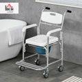 HOMCOM 3-in-1 Shower Commode Wheelchair, FSA/HSA Eligible Transport Beside Commode Chair, Waterproof Rolling Over Toilet Chair 330 lbs. Weight Capacity with Padded Seat, White