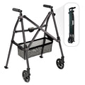 Stander Wonder Walker Plus, Lightweight Folding Mobility Aid for Adults, Seniors, and Elderly, Collapsible Travel EZ Fold-N-Go with Wheels, Glides, & Basket, Black Walnut