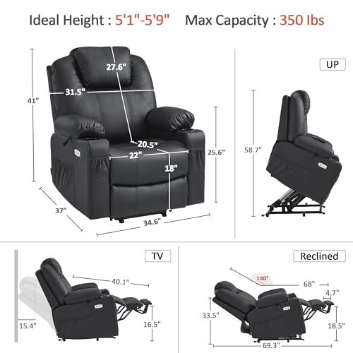 MCombo Electric Power Lift Recliner Chair Sofa with Massage and Heat for Elderly, 3 Positions, 2 Side Pockets, and Cup Holders, USB Ports, Faux Leather 7040 (Light Brown, Medium)