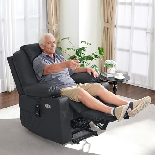 MCombo Electric Power Lift Recliner Chair Sofa with Massage and Heat for Elderly, 3 Positions, 2 Side Pockets, and Cup Holders, USB Ports, Faux Leather 7040 (Light Brown, Medium)