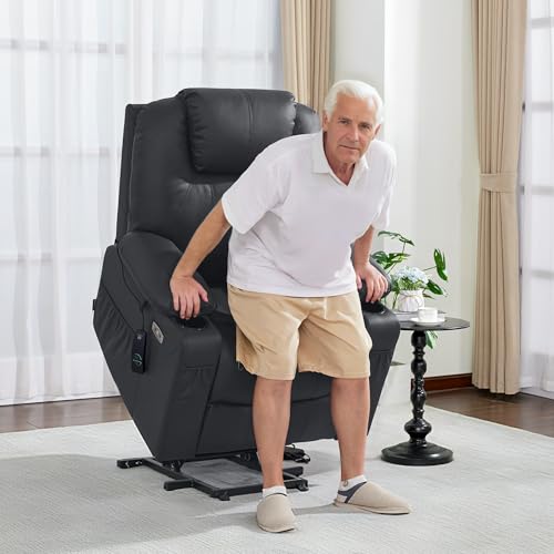 MCombo Electric Power Lift Recliner Chair Sofa with Massage and Heat for Elderly, 3 Positions, 2 Side Pockets, and Cup Holders, USB Ports, Faux Leather 7040 (Light Brown, Medium)