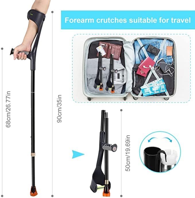 Forearm Crutch for Adults(x1 Unit), Forearm Crutch with Cuffs, Anti-Drop, Crutch for Walking, Forearm Crutch Lightweight Adjustable, Aluminum Forearm Crutch, Black Crutch (Single Black)