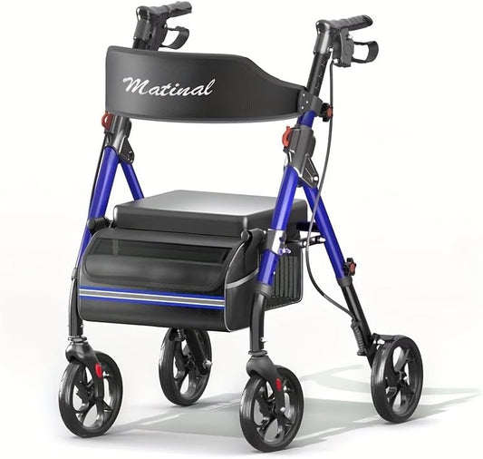 Foldable Rollator Walkers with Seat for Seniors, 350 lb Capacity, 8'' Big Wheels, 6-Position Height, Premium Hybrid Rolling Walker - Aluminum and Carbon Steel