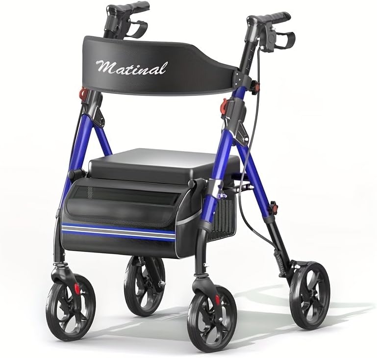 Foldable Rollator Walkers with Seat for Seniors, 350 lb Capacity, 8'' Big Wheels, 6-Position Height, Premium Hybrid Rolling Walker - Aluminum and Carbon Steel