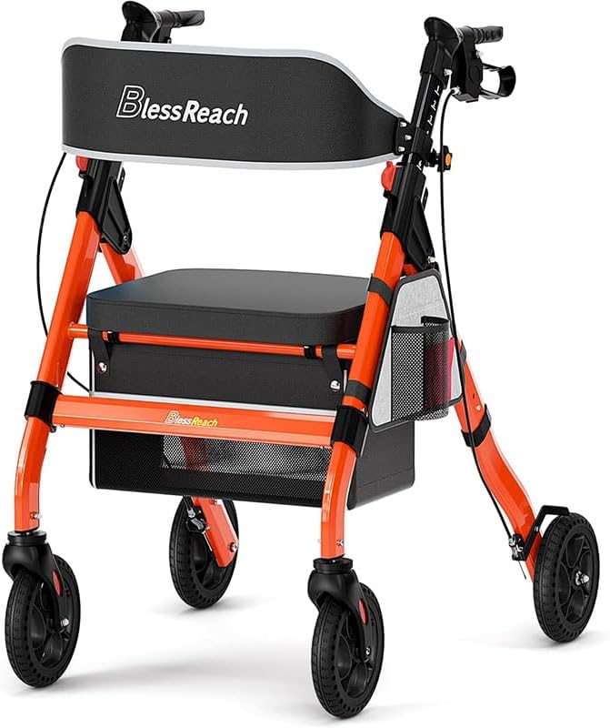 Foldable Rollator Walkers with Seat for Seniors, 450 lb Capacity, 8" Wheels, 18" Big Seat, 6-Position Adjustable Height, Heavy-Duty Aluminum Rolling Walker