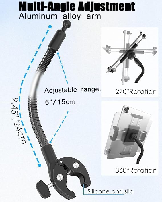 Charchendo Tablet Holder for Wheelchair Handle, Wheelchair Phone Tablet Mount with 9.45" Aluminum Arm 360° Rotation Adjustment Compatible with 4-13'' iPad Pro/Air/Mini, iPhones, Galaxy Z, E-Book
