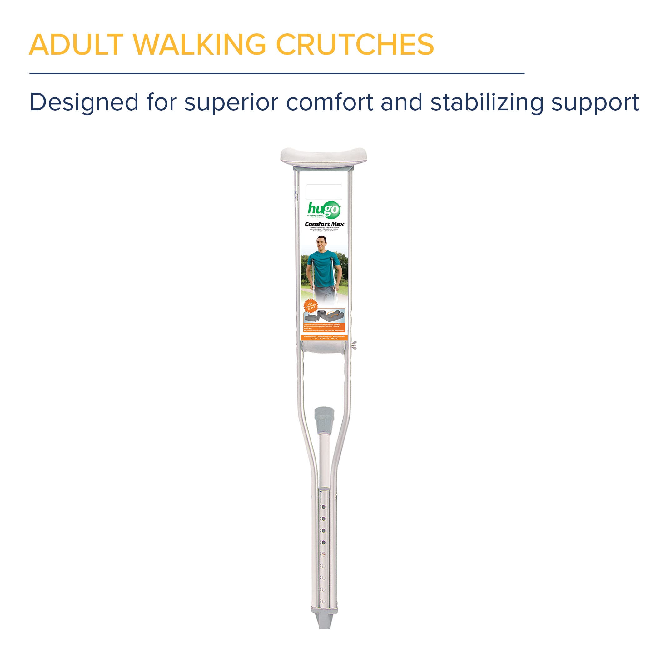 Hugo Mobility Adjustable Crutches for Walking, Tall Adult Walking Crutches, Comfortable Lightweight Crutches with Underarm Pad and Hand Grip