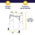 Drive Medical 10210-1 2-Button Folding Walker with Wheels, Rolling Walker, Front Wheel Walker, Lightweight Walkers for Seniors and Adults Weighing Up To 350 Pounds, Adjustable Height, Silver