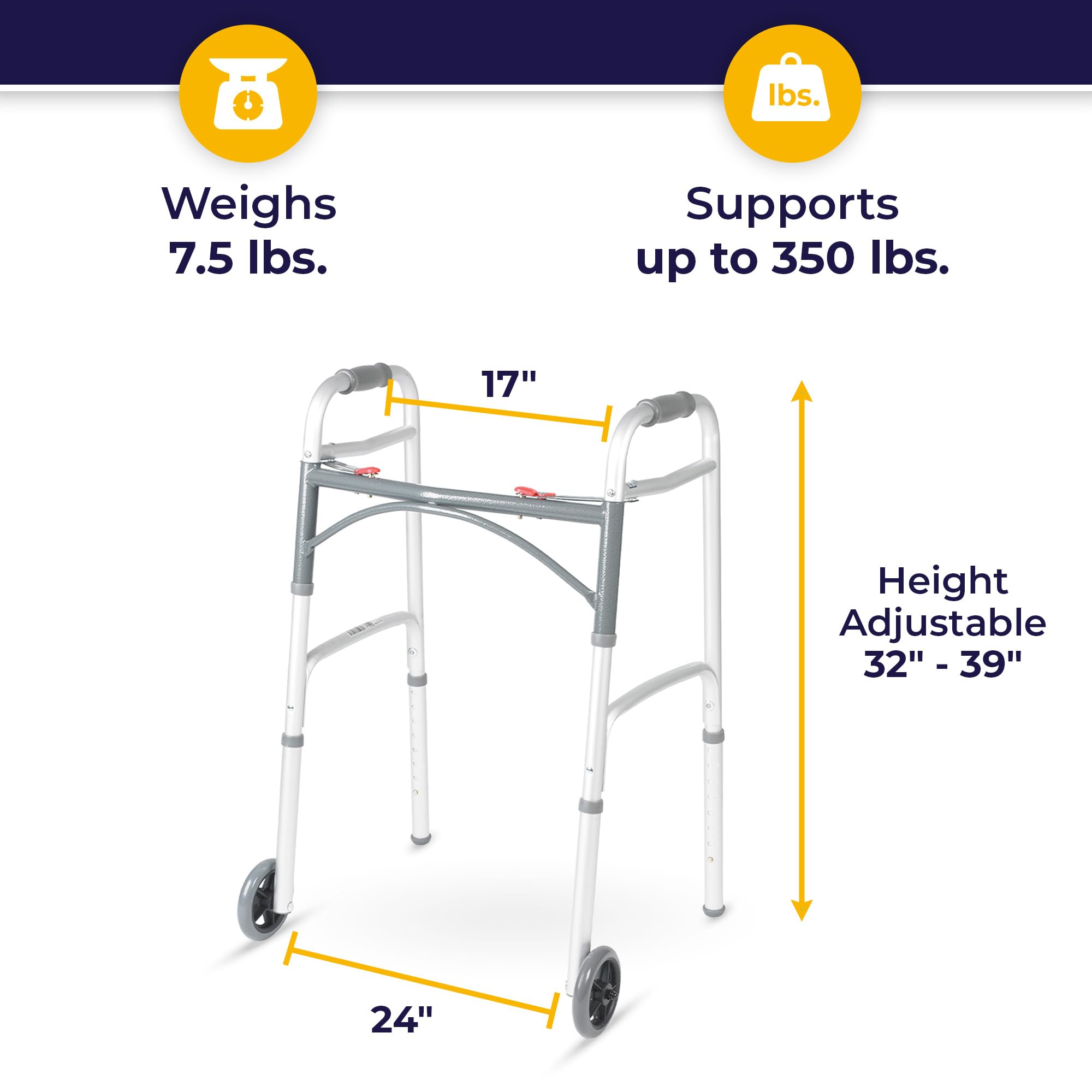 Drive Medical 10210-1 2-Button Folding Walker with Wheels, Rolling Walker, Front Wheel Walker, Lightweight Walkers for Seniors and Adults Weighing Up To 350 Pounds, Adjustable Height, Silver