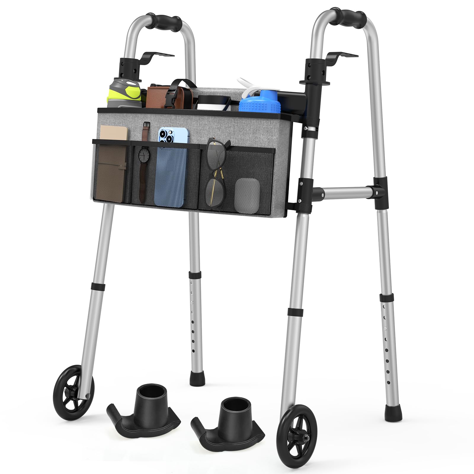 Folding Walker with 2 Skis and 5" Wheels, Lightweight Walkers for Seniors and Adults, Supports Up to 350 Pounds, Adjustable Height, Compact Standard Walker, Black