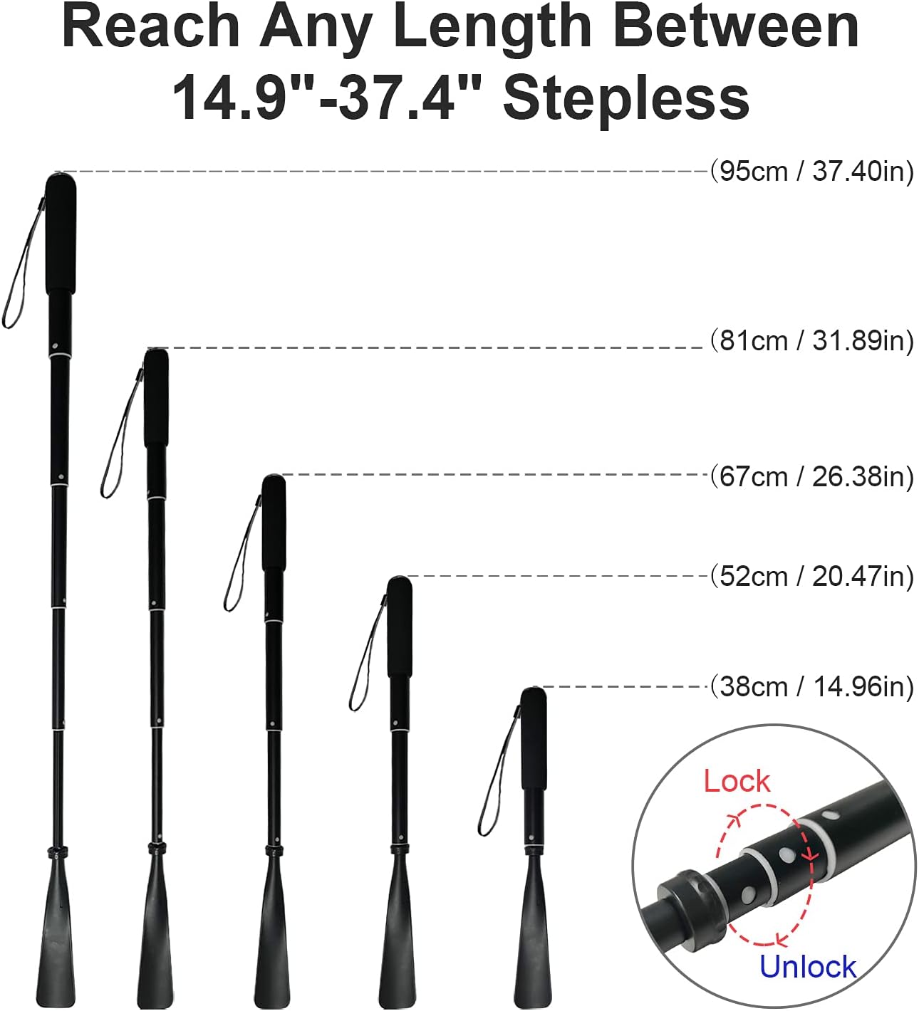 TriPro Shoe Horn Long Handle -15"-37" Telescopic Metal Shoe Horn Adjustable Length, Aluminum Alloy, Portable Long Handled Shoe Horn, Shoe Horn Long Handle For Seniors Men Women Kids