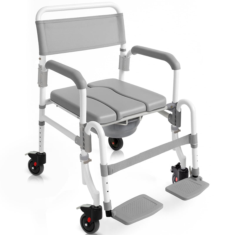Vive Rolling Commode & Shower Chair with Wheels - 3 in 1 Transport Wheelchair for Inside Bathroom & Bedside - for Disabled Adults, Elderly, Seniors & Handicap