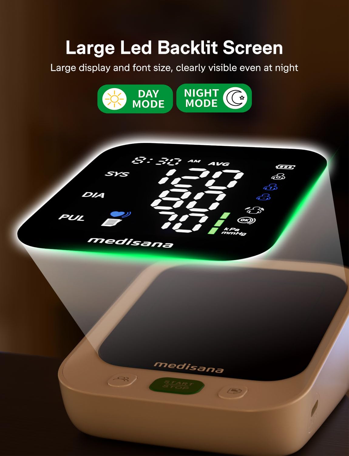 Blood Pressure Monitor with 2x199 Sets Memory, Medisana Automatic Upper Arm Blood Pressure Monitor for Home Use, 4.5" Color LED Backlit Display, Adjustable Large Cuff, Home Hypertension Detector