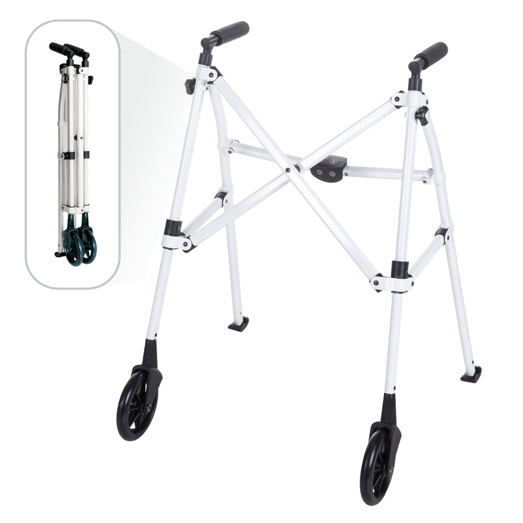 Stander Space Saver Walker, Lightweight Folding Rolling Mobility Aid for Seniors & Adults, Compact 2-Wheel Disability Device with 6-inch Wheels & Ski Glides for Walking Support, Cobalt Blue