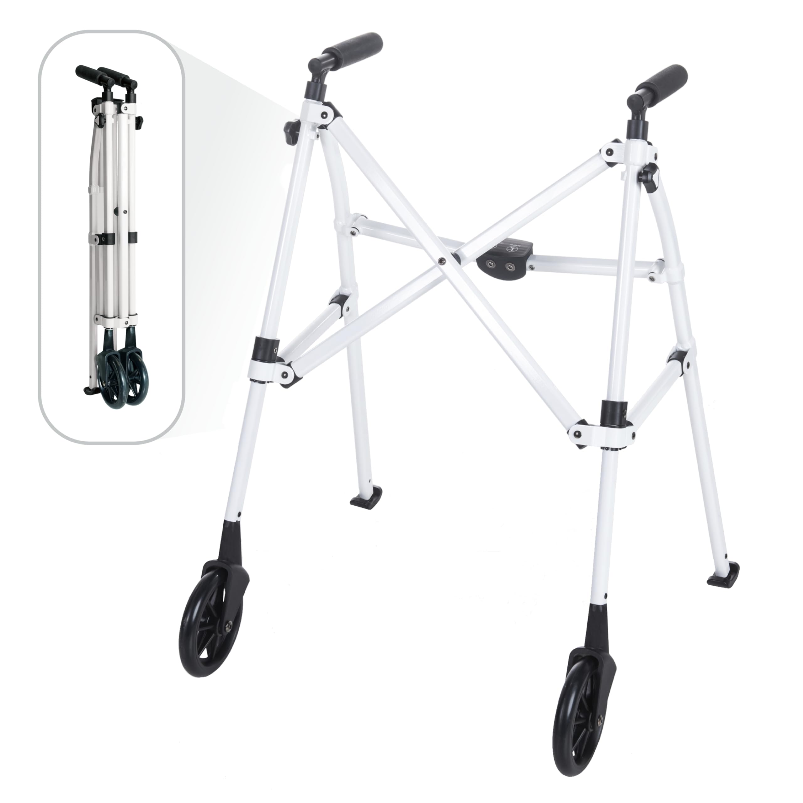 Stander Space Saver Walker, Lightweight Folding Rolling Mobility Aid for Seniors & Adults, Compact 2-Wheel Disability Device with 6-inch Wheels & Ski Glides for Walking Support, Cobalt Blue