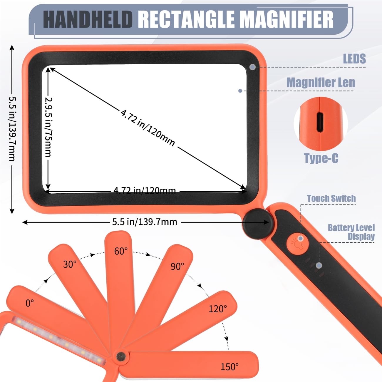 Magnifying Glass with Light, Rechargeable 5X Large Page Magnifier for Reading, Folding Handheld Dimmable, LED Lighted Rectangle Magnifier for Reading Book Small Print for Seniors Low Vision