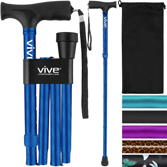 Vive Folding Cane - Foldable Walking Cane for Men, Women - Fold-up, Collapsible, Lightweight, Adjustable, Portable Hand Walking Stick - Balancing Mobility Aid - Comfortable Ergonomic Handle