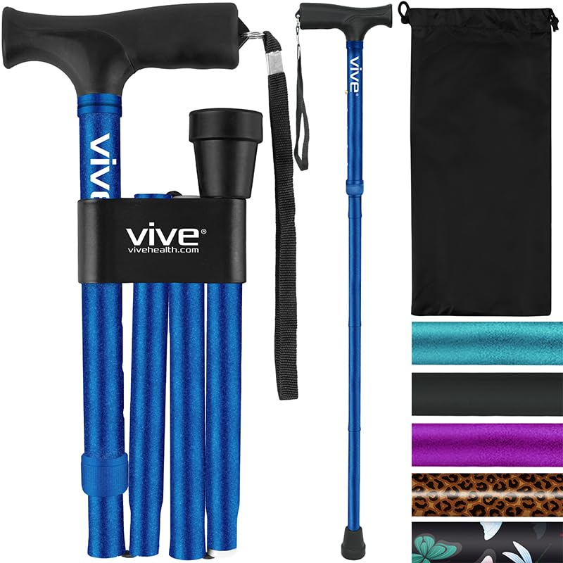 Vive Folding Cane - Foldable Walking Cane for Men, Women - Fold-up, Collapsible, Lightweight, Adjustable, Portable Hand Walking Stick - Balancing Mobility Aid - Comfortable Ergonomic Handle