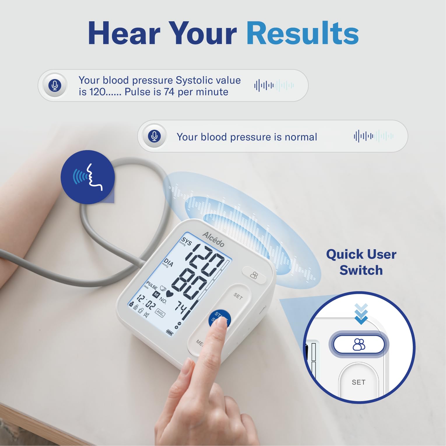 Alcedo Blood Pressure Monitor for Home Use, Automatic Digital BP Machine with Large Cuff for Upper Arm, LCD Screen, 2x120 Memory, Talking Function