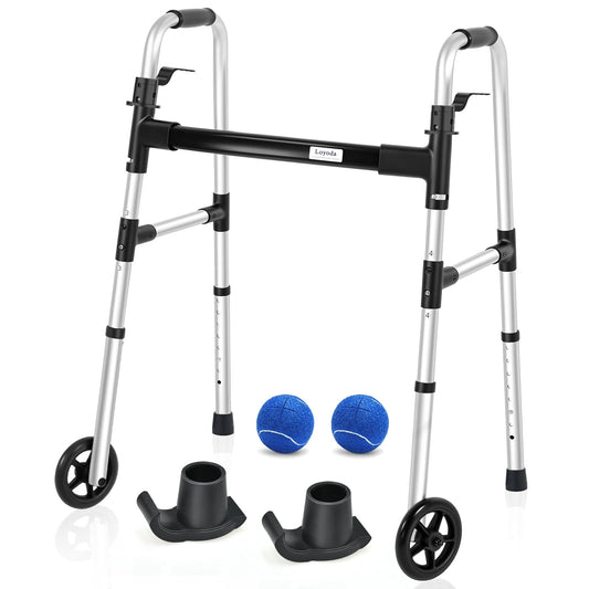 Folding Walker with 2 Skis and 5" Wheels, Lightweight Walkers for Seniors and Adults, Supports Up to 350 Pounds, Adjustable Height, Compact Standard Walker, Black