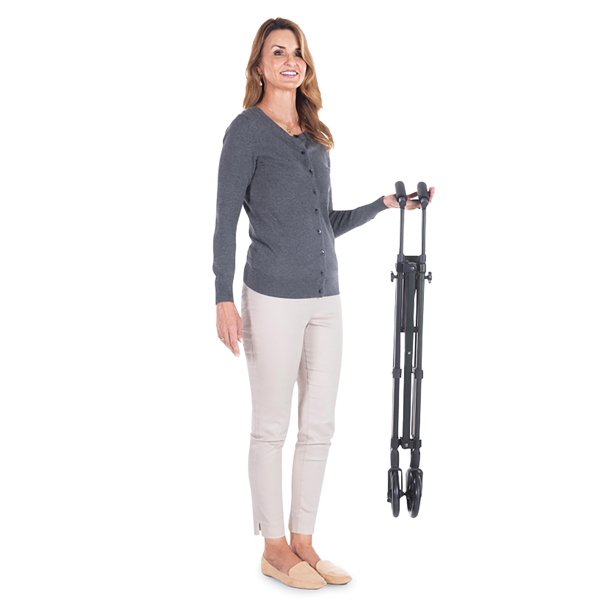Stander Wonder Walker Plus, Lightweight Folding Mobility Aid for Adults, Seniors, and Elderly, Collapsible Travel EZ Fold-N-Go with Wheels, Glides, & Basket, Black Walnut