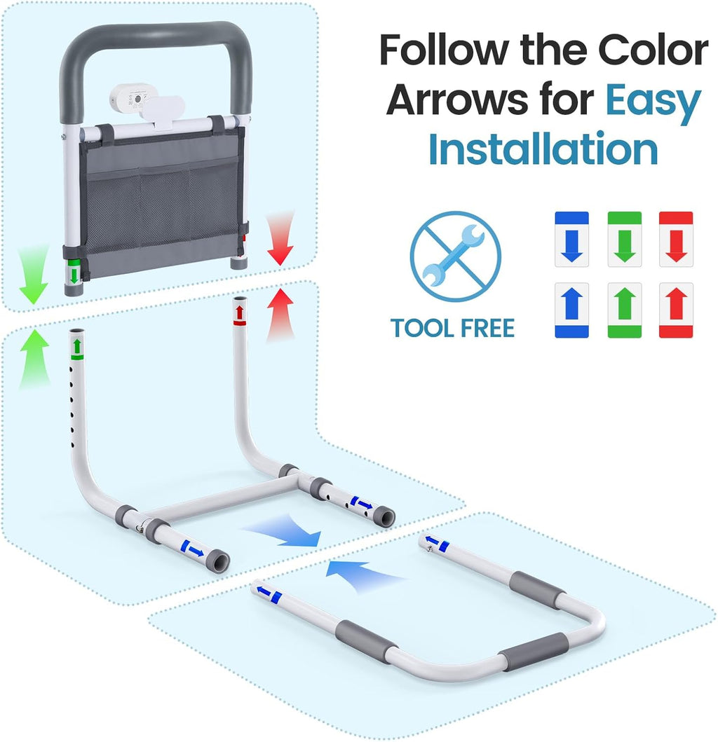 Adjustable Bed Rails for Elderly Adults with Night Light & Bag, Bed Assist Rail with Double Crossbar, Bed Railings Protects Seniors from Falling