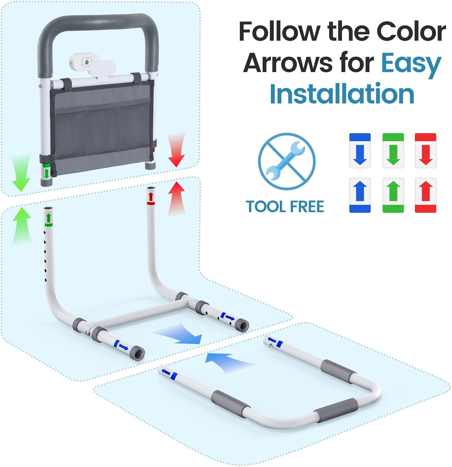 Adjustable Bed Rails for Elderly Adults with Night Light & Bag, Bed Assist Rail with Double Crossbar, Bed Railings Protects Seniors from Falling