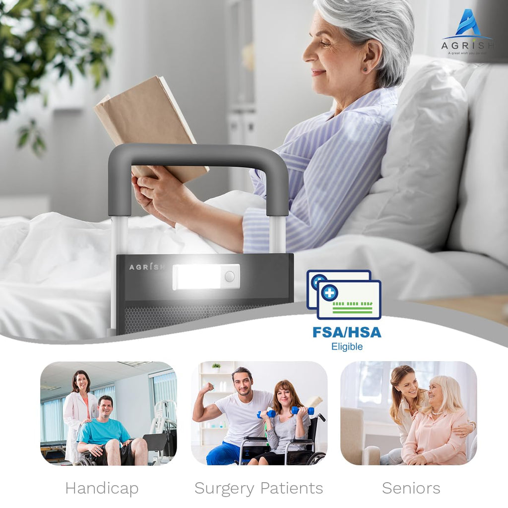 Bed Rails Elderly Adults Safety, Bedside Assist Grab Bar Handrails for Seniors with Motion Sensor Light & Pouch, Adjustable Bed Cane Portable Handle Railing, Fit King Queen Full Twin Bed