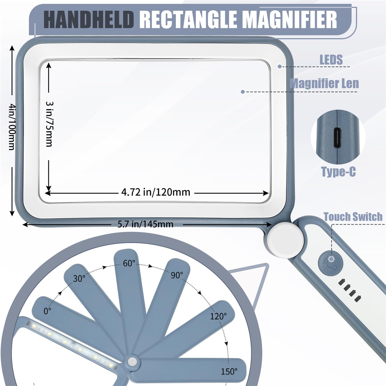 Magnifying Glass with Light, Rechargeable 5X Large Page Magnifier for Reading, Folding Handheld Dimmable, LED Lighted Rectangle Magnifier for Reading Book Small Print for Seniors Low Vision
