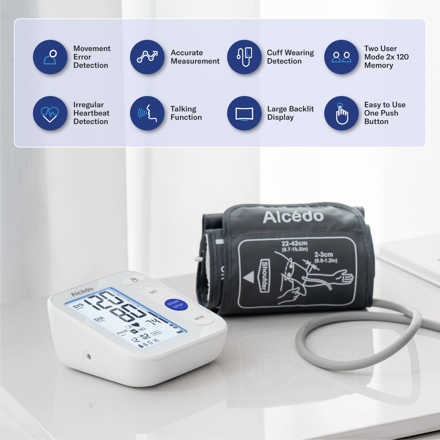 Alcedo Blood Pressure Monitor for Home Use, Automatic Digital BP Machine with Large Cuff for Upper Arm, LCD Screen, 2x120 Memory, Talking Function