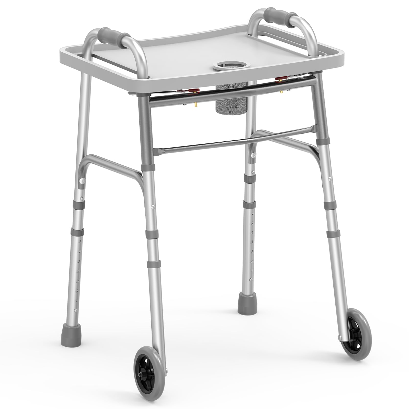 Folding Walker with 2 Skis and 5" Wheels, Lightweight Walkers for Seniors and Adults, Supports Up to 350 Pounds, Adjustable Height, Compact Standard Walker, Black