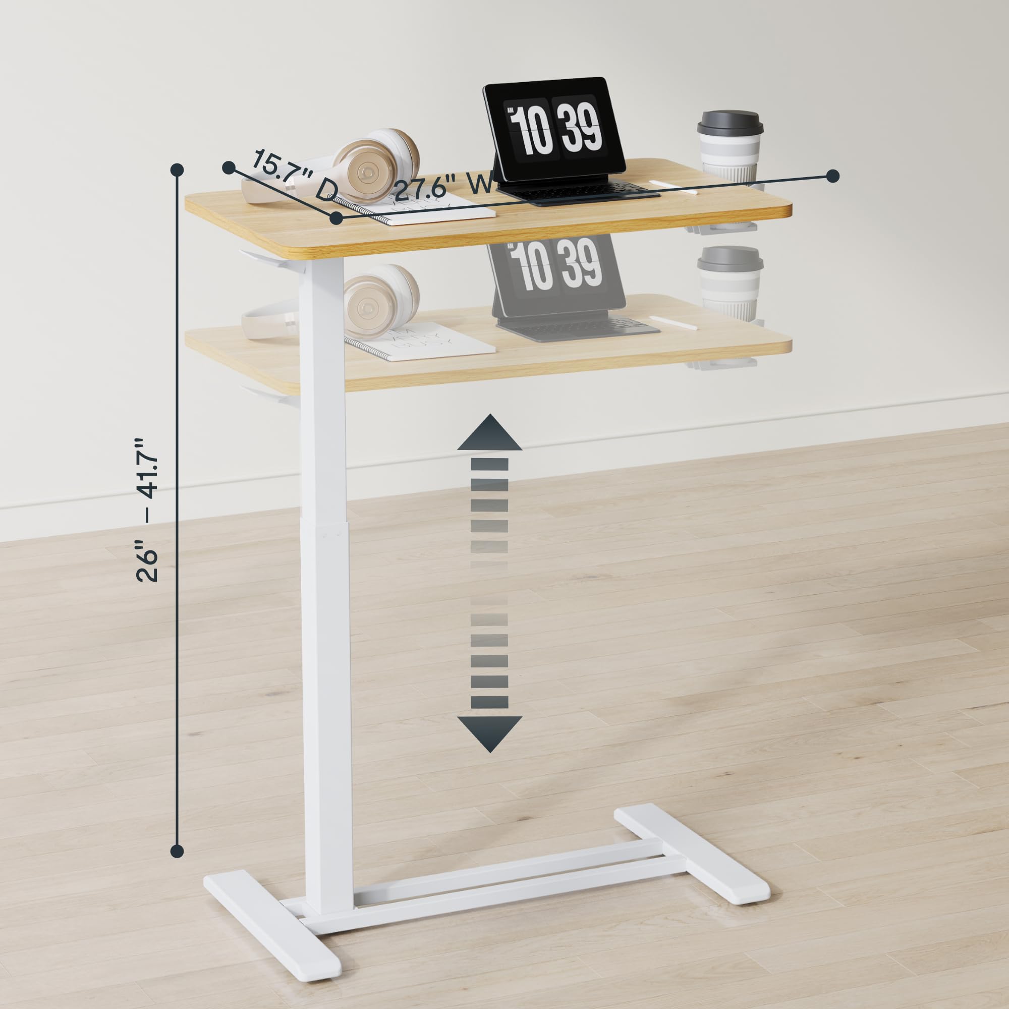 FLEXISPOT H7 Adjustable Overbed Bedside Table with Wheels Pneumatic Mobile Standing Desk Laptop Desk Rolling Computer Cart Movable Overbed Table Hospital Home Use(27.6" W x 15.7" D, White)