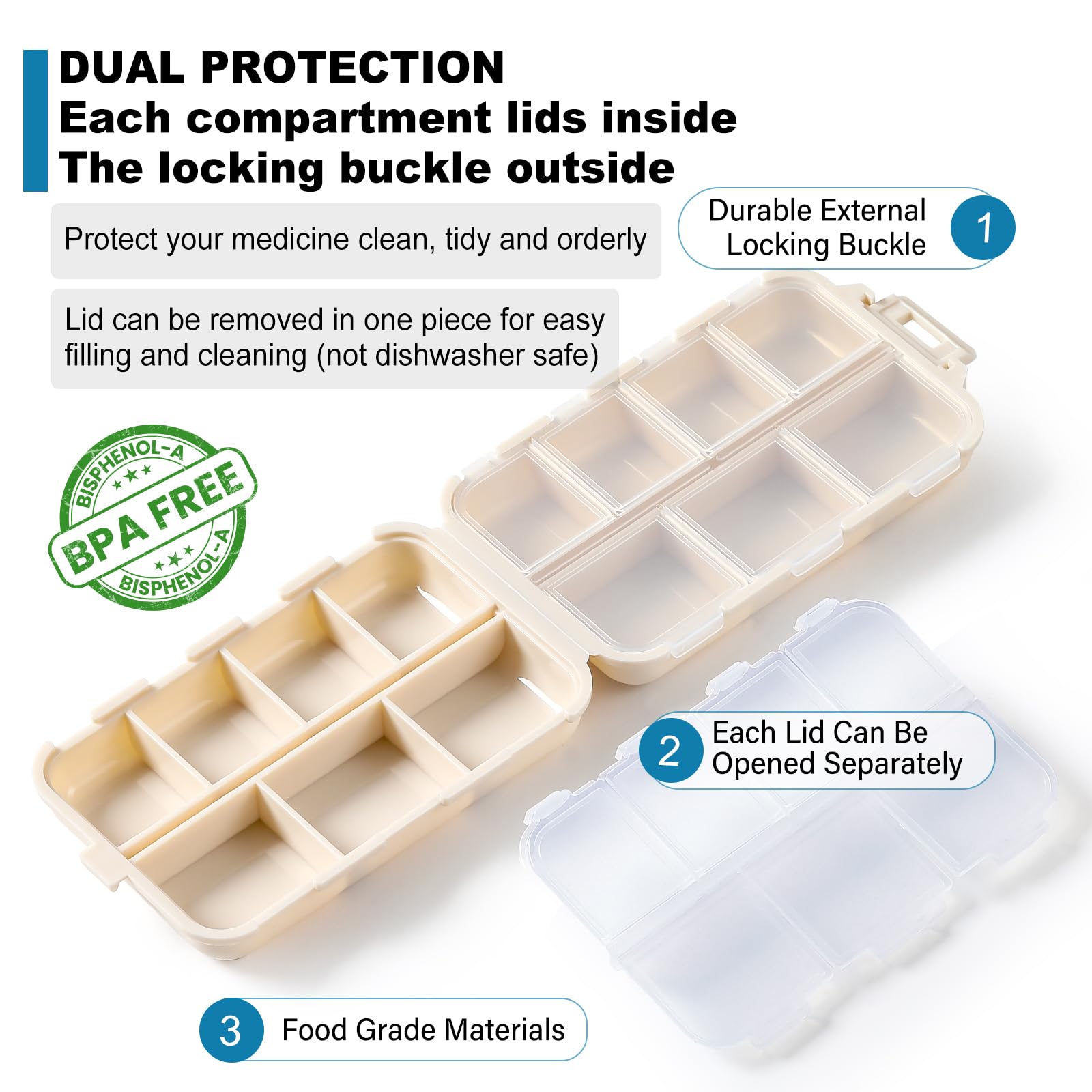 3 Pack 14 Grids Travel Pill Organizer Box with 415-Pcs Medicine Name Labels - Pocket Daily Pharmacy Case Container Kit - Travel Medication Holder Dispenser for Fish Oil Vitamin Supplement Storage