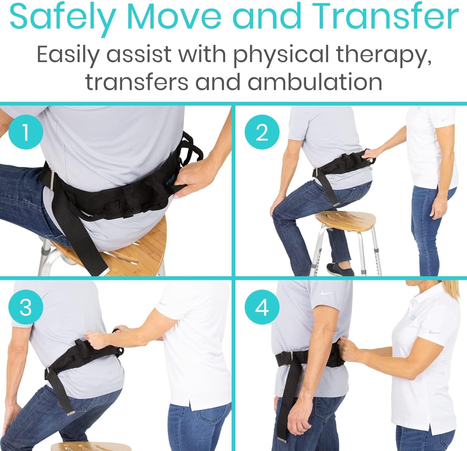 Vive Gait Belt (300lbs) Transfer Belt with Handles - Medical Nursing Safety Patient Assist - Bariatric, Elderly, Handicap, Physical Therapy - PT Gate Strap Quick Release Metal Buckle, Grabbing Teeth