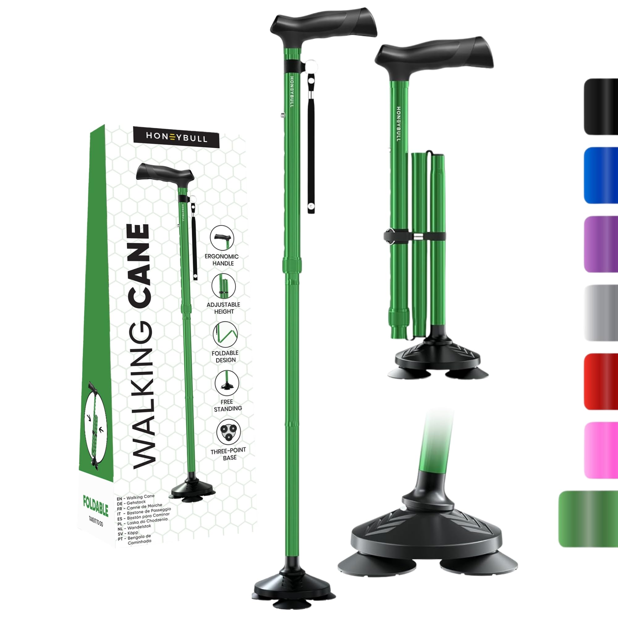 HONEYBULL Walking Cane for Men & Women - Foldable, Adjustable, Collapsible, Free Standing Cane, Pivot Tip, Heavy Duty | Walking Sticks, Folding Canes for Seniors & Adults (Black, Pivot Cane)