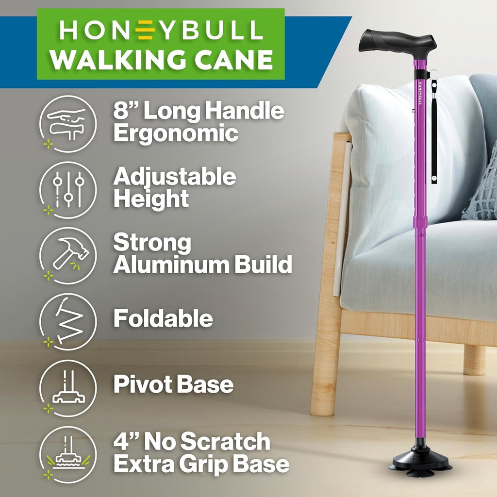 HONEYBULL Walking Cane for Men & Women - Foldable, Adjustable, Collapsible, Free Standing Cane, Pivot Tip, Heavy Duty | Walking Sticks, Folding Canes for Seniors & Adults (Black, Pivot Cane)
