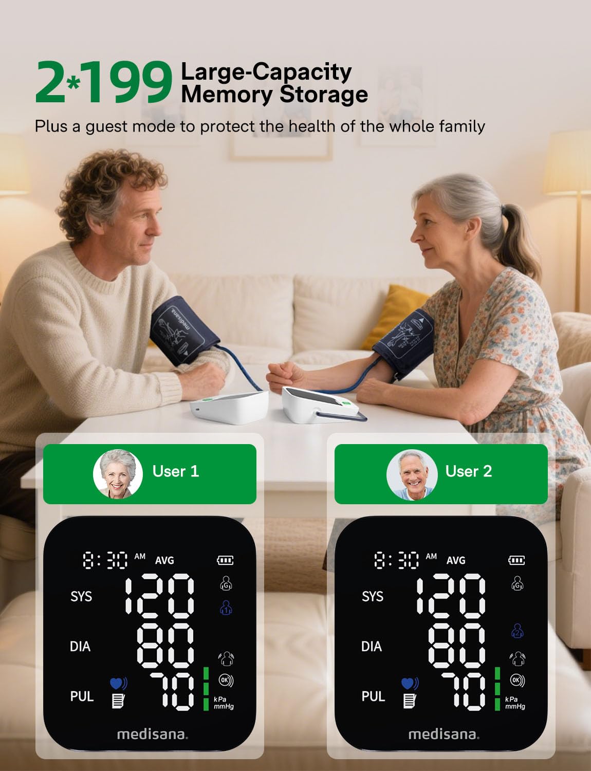 Blood Pressure Monitor with 2x199 Sets Memory, Medisana Automatic Upper Arm Blood Pressure Monitor for Home Use, 4.5" Color LED Backlit Display, Adjustable Large Cuff, Home Hypertension Detector