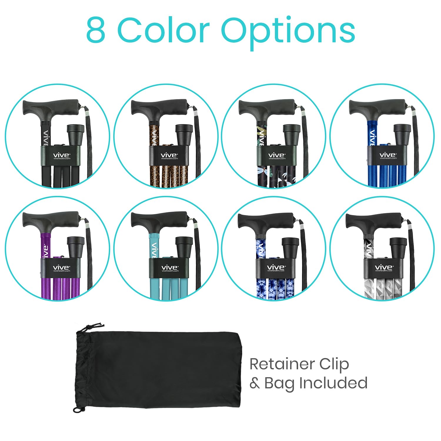 Vive Folding Cane - Foldable Walking Cane for Men, Women - Fold-up, Collapsible, Lightweight, Adjustable, Portable Hand Walking Stick - Balancing Mobility Aid - Comfortable Ergonomic Handle