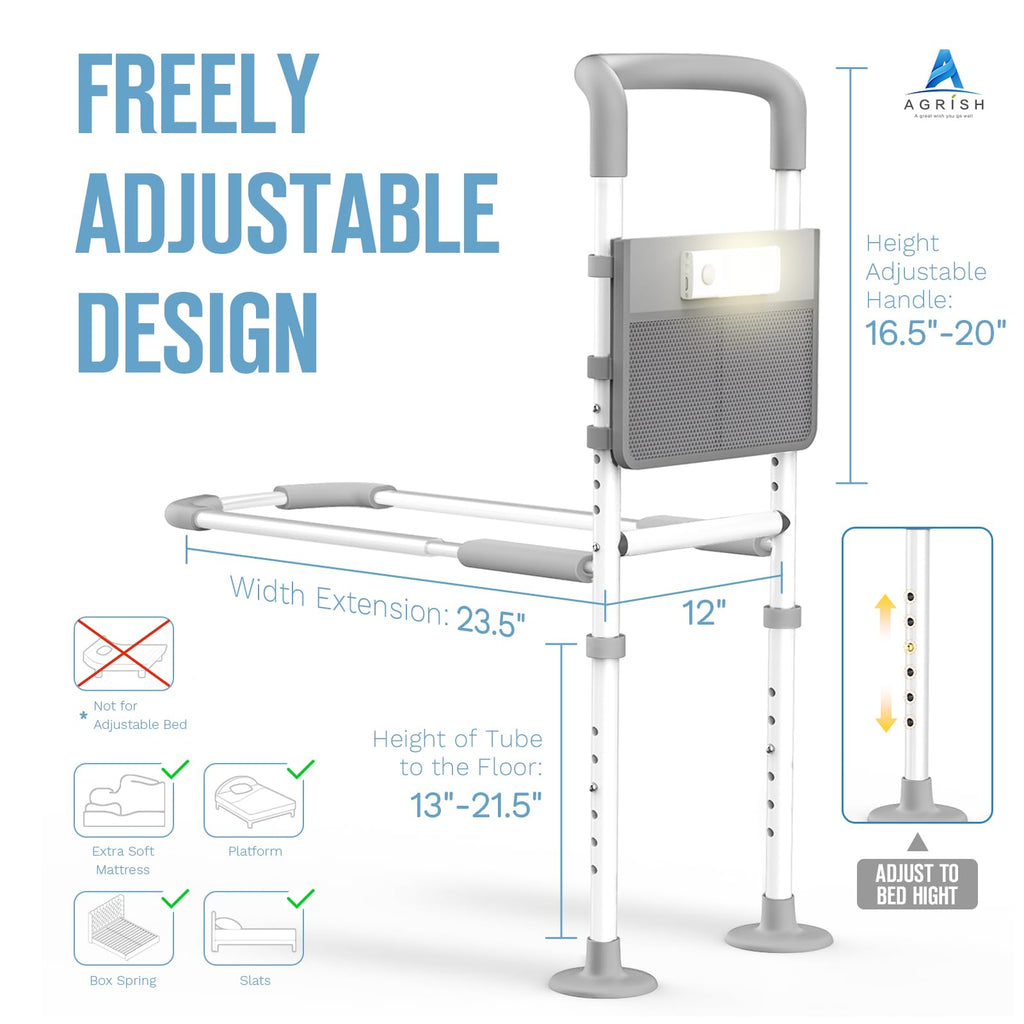 Bed Rails Elderly Adults Safety, Bedside Assist Grab Bar Handrails for Seniors with Motion Sensor Light & Pouch, Adjustable Bed Cane Portable Handle Railing, Fit King Queen Full Twin Bed