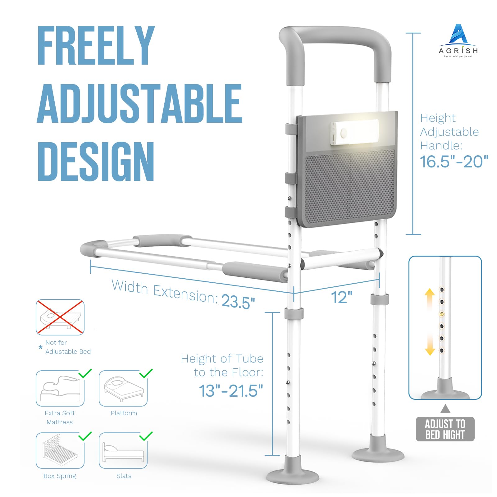 Bed Rails Elderly Adults Safety, Bedside Assist Grab Bar Handrails for Seniors with Motion Sensor Light & Pouch, Adjustable Bed Cane Portable Handle Railing, Fit King Queen Full Twin Bed
