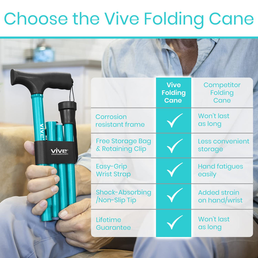 Vive Folding Cane - Foldable Walking Cane for Men, Women - Fold-up, Collapsible, Lightweight, Adjustable, Portable Hand Walking Stick - Balancing Mobility Aid - Comfortable Ergonomic Handle