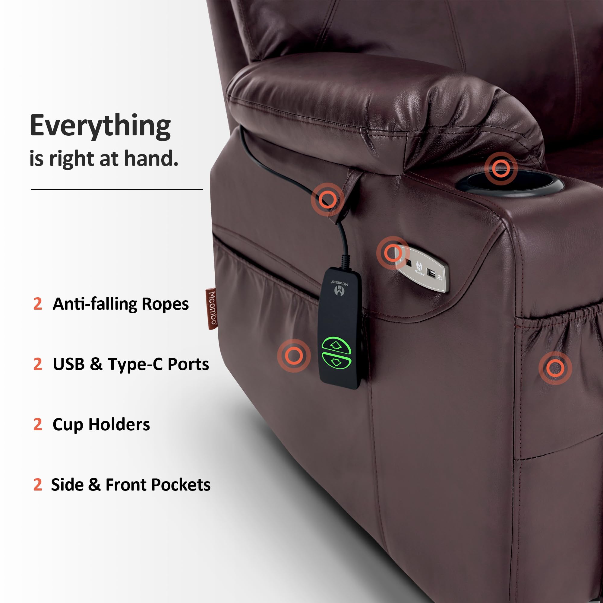 MCombo Electric Power Lift Recliner Chair Sofa with Massage and Heat for Elderly, 3 Positions, 2 Side Pockets, and Cup Holders, USB Ports, Faux Leather 7040 (Light Brown, Medium)