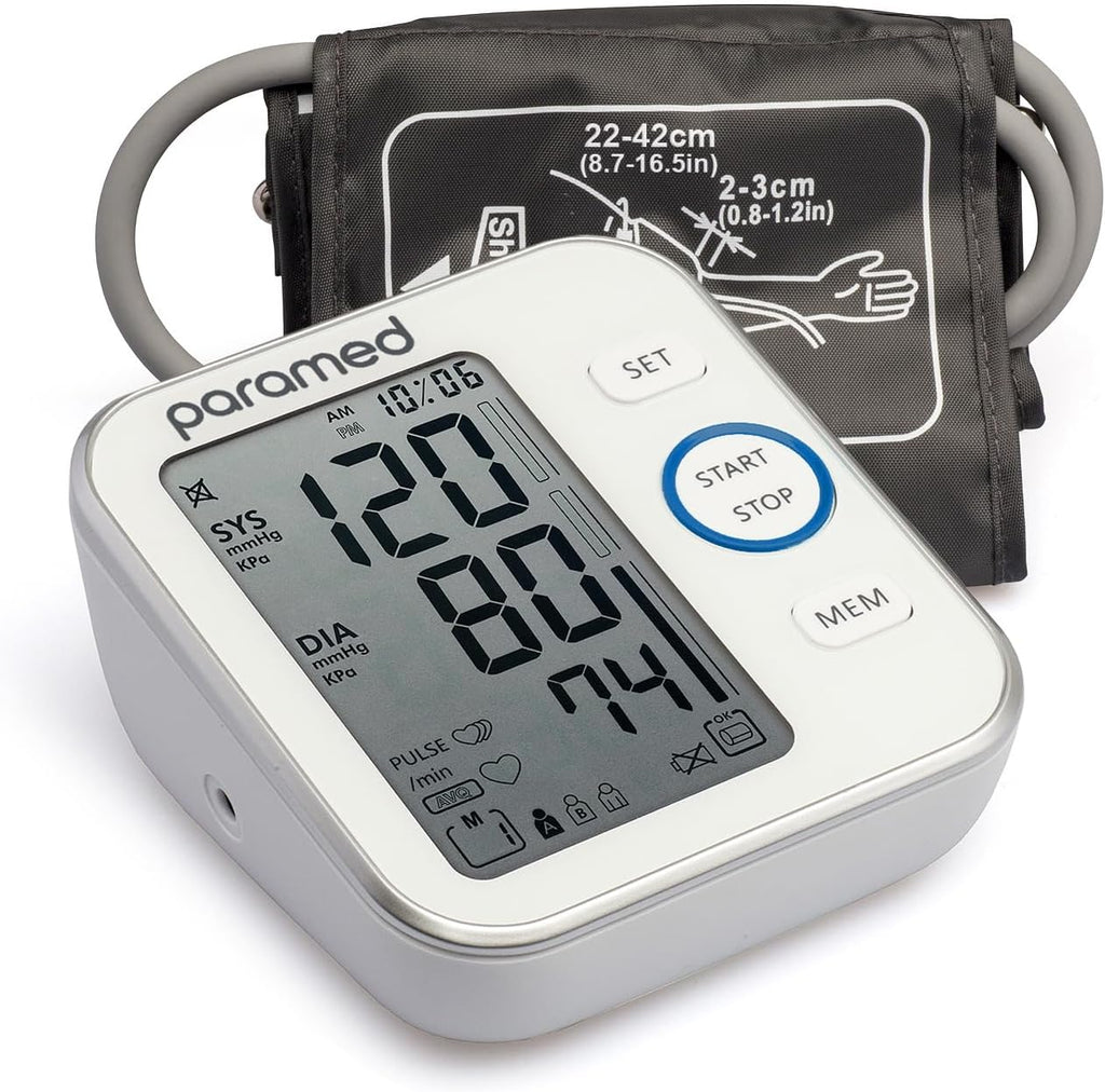 Paramed Blood Pressure Monitor - Bp Machine - Automatic Upper Arm Blood Pressure Cuff 8.7-16.5 inches - Large LCD Display 120 Sets Memory - Device Bag & Batteries Included