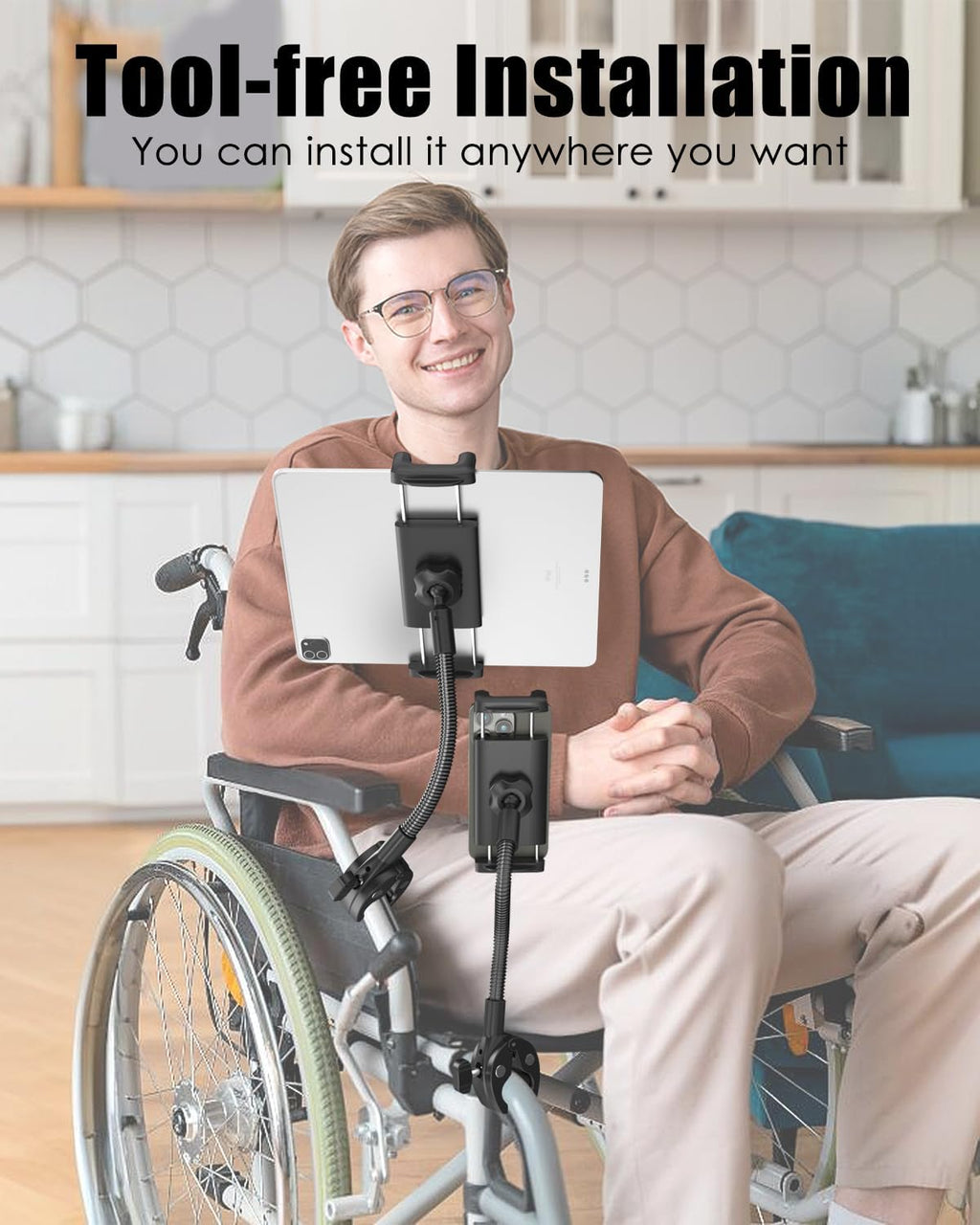 Charchendo Tablet Holder for Wheelchair Handle, Wheelchair Phone Tablet Mount with 9.45" Aluminum Arm 360° Rotation Adjustment Compatible with 4-13'' iPad Pro/Air/Mini, iPhones, Galaxy Z, E-Book