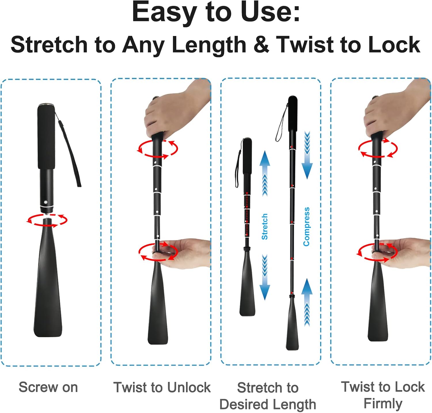 TriPro Shoe Horn Long Handle -15"-37" Telescopic Metal Shoe Horn Adjustable Length, Aluminum Alloy, Portable Long Handled Shoe Horn, Shoe Horn Long Handle For Seniors Men Women Kids