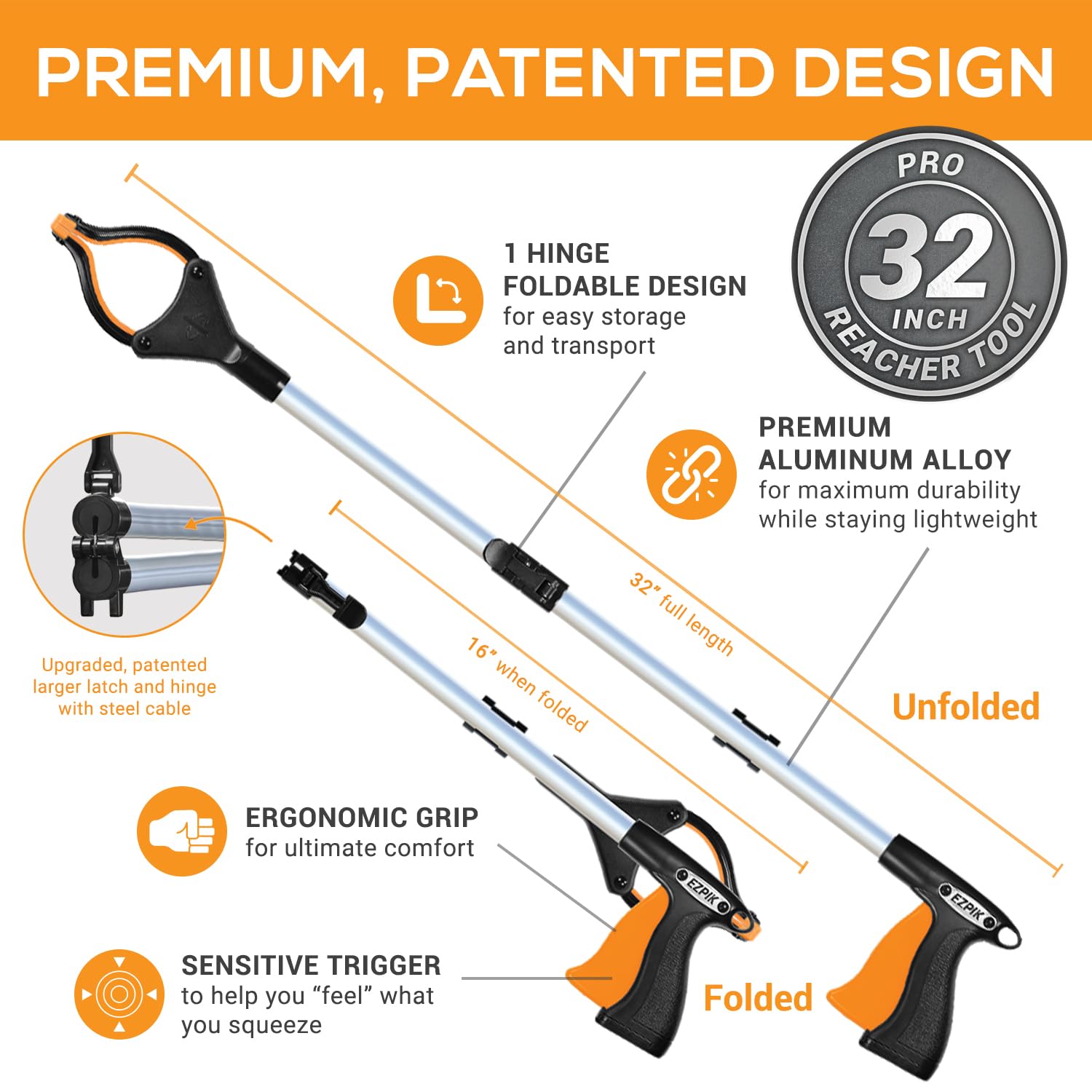 EZPIK Pro 36" Flexible Folding Grabber Tool for Elderly + Magnets, Reacher for Disabled & Seniors Heavy Duty Rotating Grippers for Reaching Underneath, Trash Grabbers & Pickers for Mobility